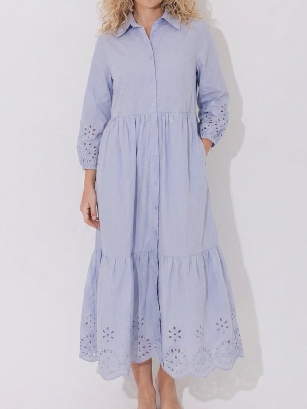 Anthropologie MAEVE Light Blue Button-Front Tiered Midi Dress with Eyelet Detail